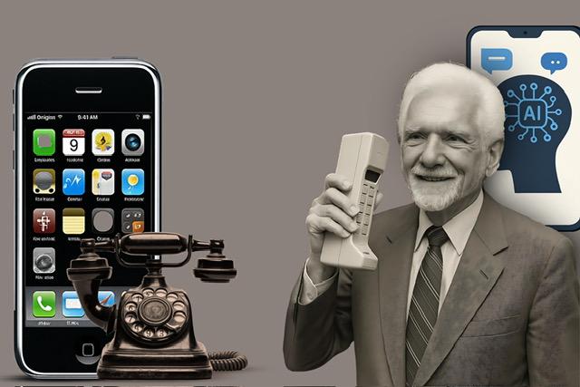 Timeline of mobile phone evolution from keypad devices to touchscreen smartphones, showcasing key models and milestones